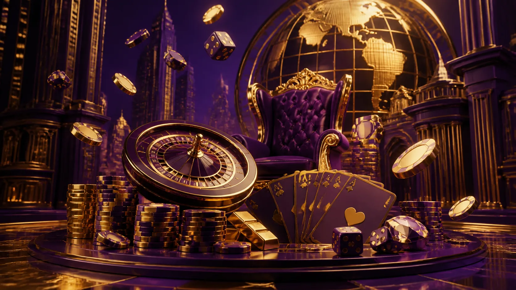 Elegant casino-themed hero banner featuring gold poker chips and glowing dice with a luxurious aesthetic.